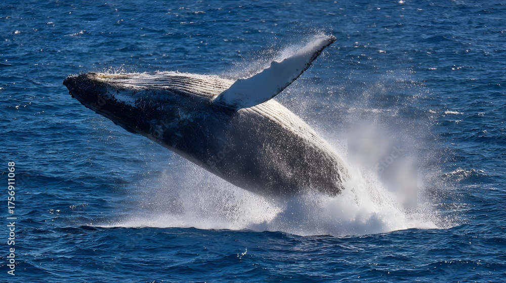 Fototapeta premium Majestic humpback whale breaching ocean waves a stunning wildlife spectacle bathed in golden sunlight