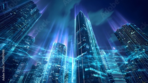 Futuristic city glows a digital network uniting skyscrapers showcasing global innovation at night