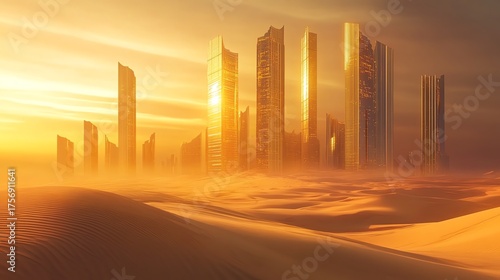 Futuristic skyline against a desert sunset.