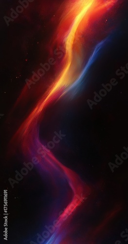 Colorful flowing nebula with bright streaks of orange, yellow, red, purple, and blue blending dynamically against a dark cosmic background evokes awe and mystery