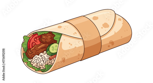 A delicious wrap filled with seasoned meat fresh vegetables and a creamy sauce.