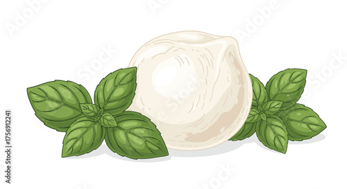Fresh mozzarella ball with basil leaves for a delicious Italian dish.