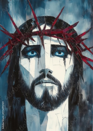 Somber close-up portrait of a man with a beard and blue eyes wearing a red crown of thorns against a blue-gray background, expression filled with sorrow and pain