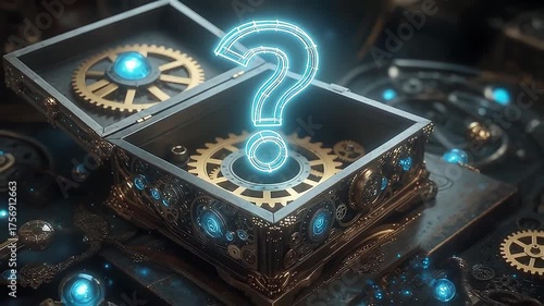 Wallpaper Mural Mysterious open treasure box revealing glowing gears and question mark   Torontodigital.ca