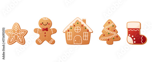 Set of Christmas Gingerbread Cookies. Winter sweet homemade biscuits with colorful glaze, traditional confectionery for Christmas. Gingerbread cookies isolated on white background.