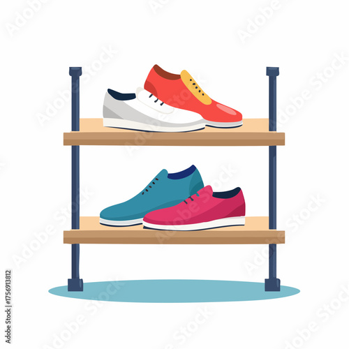 Illustration of a shoe display rack showcasing colorful modern athletic footwear designs