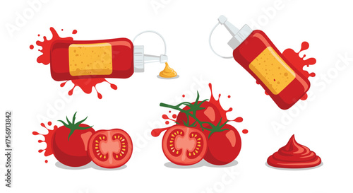 Fresh ripe tomatoes and delicious ketchup splatters with squeeze bottles. 