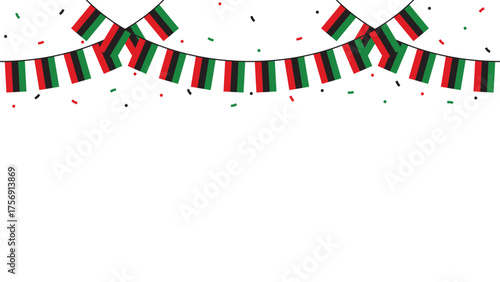 Red, black and green colored party bunting as the colors of the Pan-African flag. For Juneteenth and Black History Month. Flat design illustration.	