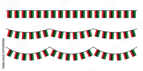Red, black and green colored party bunting as the colors of the Pan-African flag. For Juneteenth and Black History Month. Flat design illustration.	