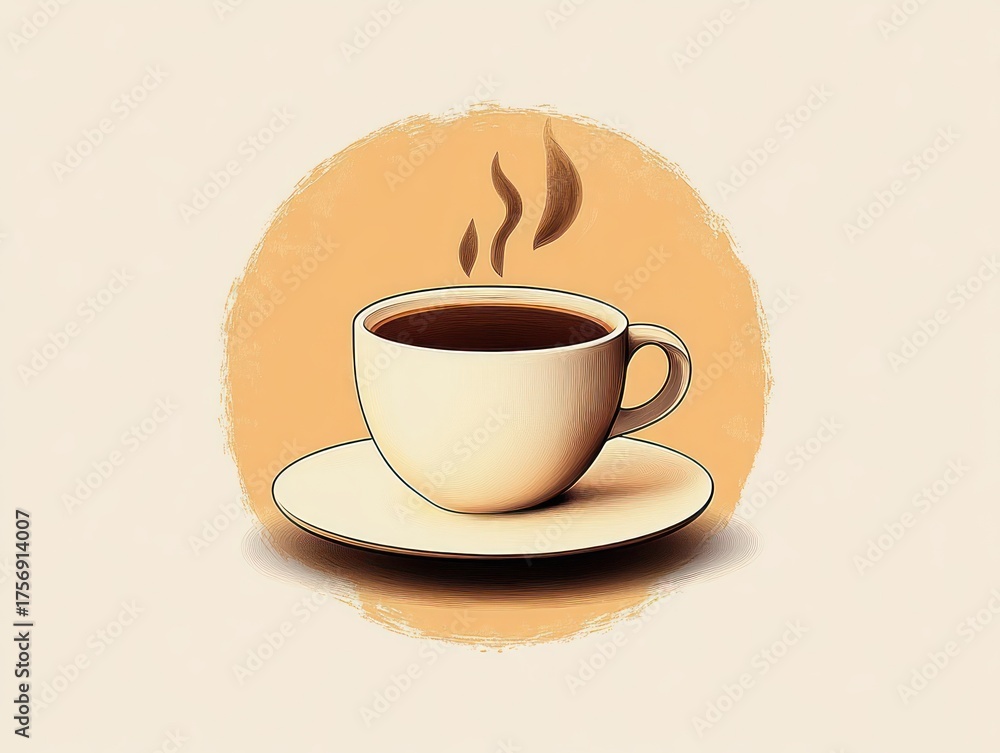 Obraz premium Illustration of a steaming cup of coffee on a saucer with a warm orange circular background suggesting warmth and comfort