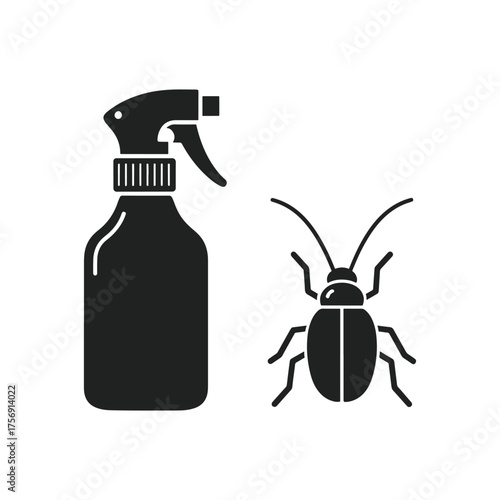 Black silhouette of a spray bottle and a beetle on a white background insect pest