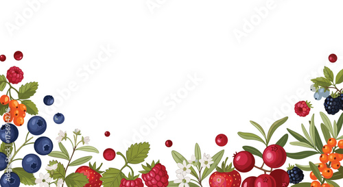 A vibrant watercolor illustration of a border of fresh mixed berries and green leaves.