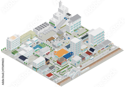 (アイソメトリック)日本の駅前と都市インフラの街並み（住宅、ゴミ処理施設、倉庫、学校、病院）