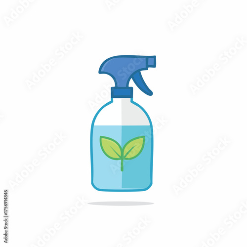 Illustrative depiction of a blue spray bottle containing aqueous solution and leafy emblem