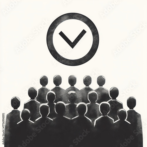 silhouetted crowd of faceless people standing closely together beneath a large clock showing a downward pointing hand symbolizing urgency or time pressure