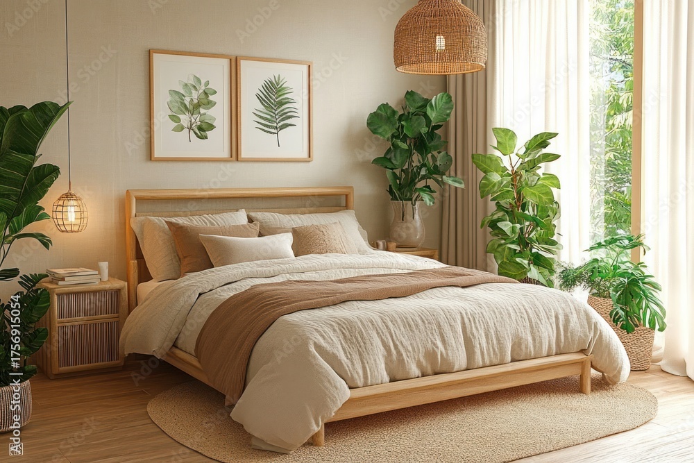 Fototapeta premium Cozy bedroom with wooden bed frame, beige and brown bedding, round rug, hanging lights, green plants, and framed botanical prints on the wall, natural light streaming through large window
