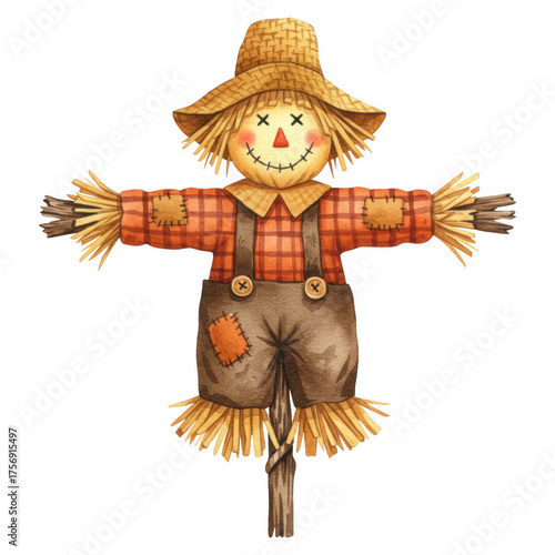 Watercolor illustration of a smiling scarecrow wearing a straw hat and plaid shirt on a stick isolate