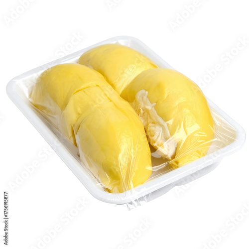 Transparent PNG: Fresh and delicious durian fruit packed in a plastic tray for sale.