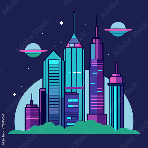 A futuristic cityscape with skyscrapers and flying saucers in space
