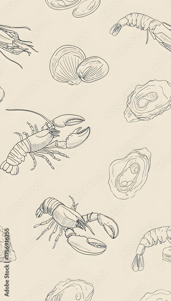 Naklejka premium Whimsical seafood illustration lobsters prawns clams oysters elegant culinary design prints
