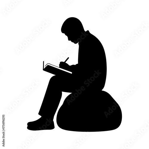 Man reading book on pouf with transparent background