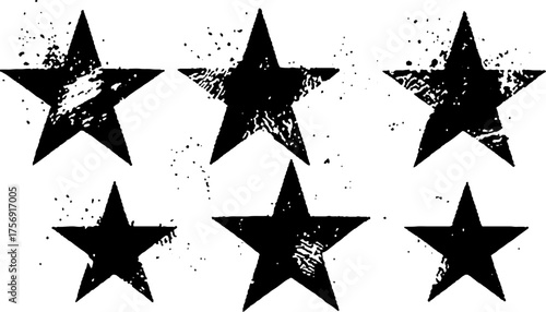 Grunge black star imprint collection with textured rough surface for retro and artistic graphic design