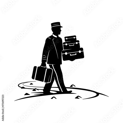 Bellhop carrying luggage with transparent background