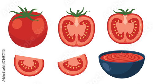 A collection of fresh red tomatoes sliced and pureed in a bowl.