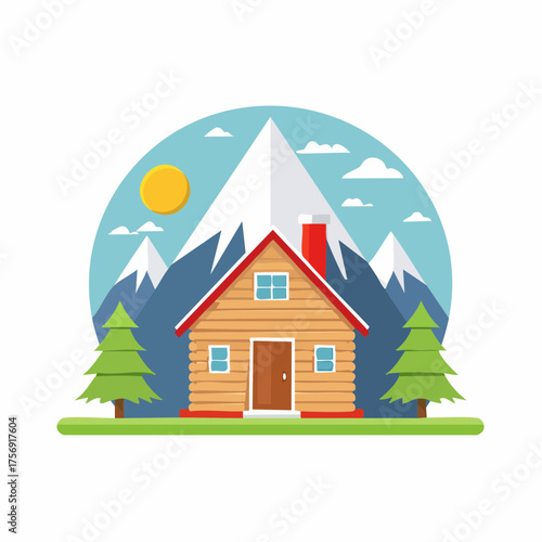Scenic cabin nestled amidst mountainous terrain with pine trees under a radiant sun depiction