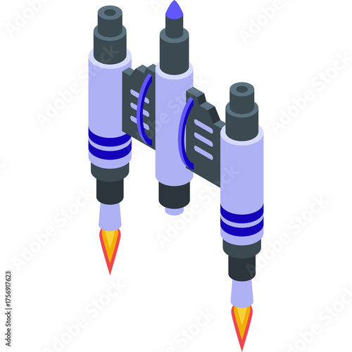 Isometric Pixel Art Spaceship With Rocket Engines Firing Blue And White Colors On Transparent Background Detailed Sci Fi Vector Illustration
