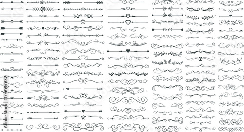Massive vector collection of vintage decorative borders, text dividers, flourishes, and typographic design elements isolated.