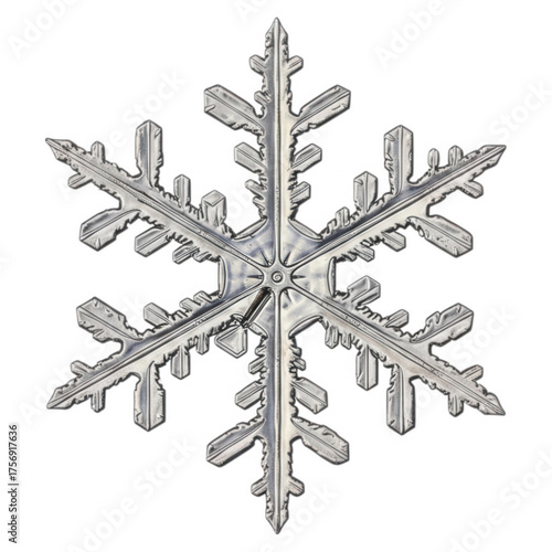 Intricate six sided stellar dendrite ice crystal photographed against a dark backdrop isolate