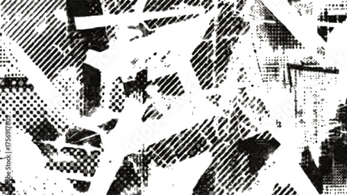 Graffiti style monochrome seamless pattern with abstract grunge lines patches dots and geometric shapes