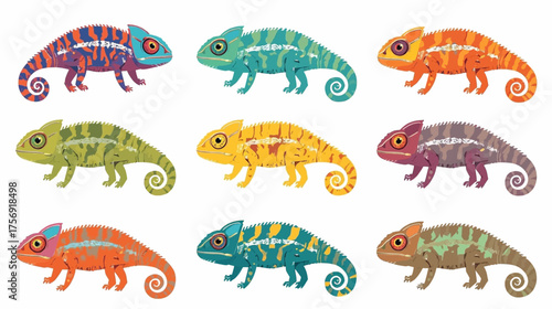 A vibrant collection of nine colorful chameleon illustrations, showcasing diverse patterns and hues against a white background, perfect for educational and design projects.