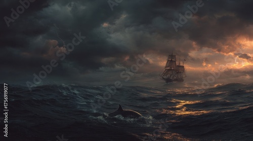 stormy sea at dusk, torn sail on an old sailing ship, dark clouds and lightning in the distance, dolphin wounded by a propeller under turbulent