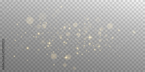 Luxury golden glitter dust and bokeh glow effect. Shiny gold light overlay for abstract festive background, celebration, or elegant design decoration.