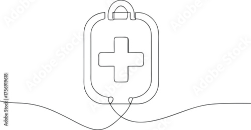 Single line drawing of a medical infusion bag with a cross