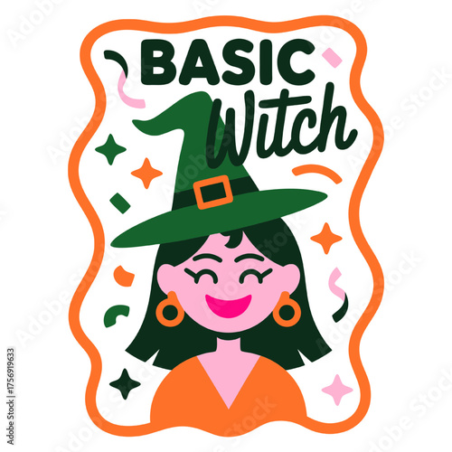 A stylized cartoon illustration of a witch with a
cheerful expression, featuring black hair, closed eyes with long lashes, and a wide pink smile