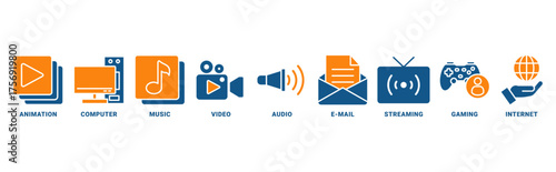 Multimedia icon set vector concept with icon of animation, computer, music, video, audio, e-mail, streaming, gaming, internet 