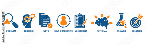 Critical thinking icon set vector concept with icon of problem, thinking, facts, self-corrective, judgment, rational, analysis, solution 