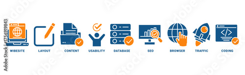 Web Design icon set vector concept with icon of wibesite, layout, content, usability, database, seo, browser, traffic, coding 