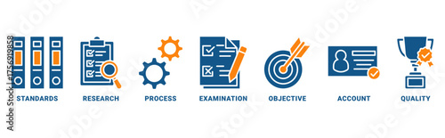 Audit icon set vector concept with icon of standards, research, process, examination, objective, account, quality 