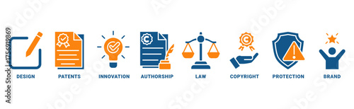 Intellectual Property icon set vector concept with icon of design, patents, invention, authorship, law, copyright, protection, brand 
