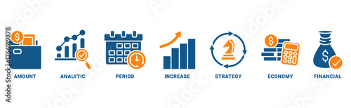 Sales growth con set vector concept with icon of amount, analytic, period, increase, strategy, economy and financial 