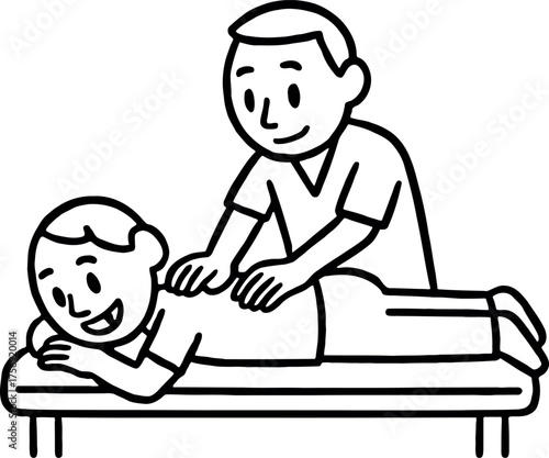 Simple clean black and white line illustration of chiropractor adjusting patient