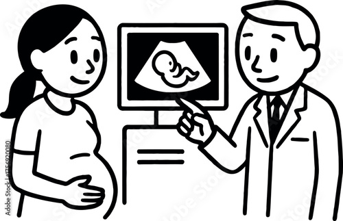 Doctor showing pregnant woman ultrasound image of baby on screen