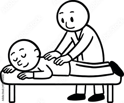 Simple line art stick figure chiropractor adjusting patient back