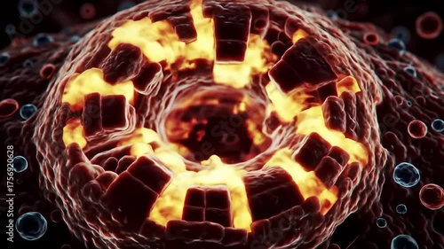 Detailed 3D Render of a Human Cell Nucleus with Blood Cells and DNA Strands