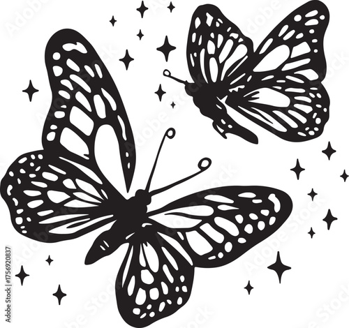 Two black silhouette butterflies with intricate wing patterns surrounded by sparkling star shapes on a white background