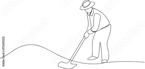 Gardener with hat raking grass in continuous line drawing style